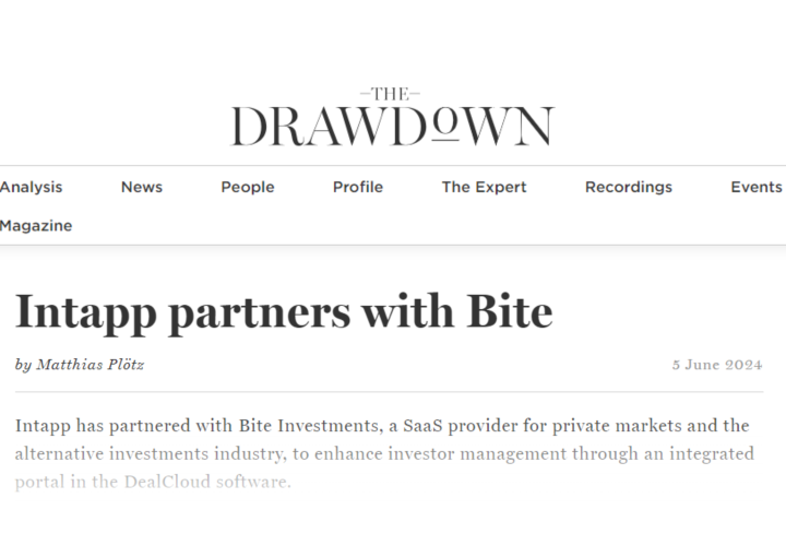 Bite Investments’ partnership announcement with Intapp features in The Drawdown, highlighting the integration between DealCloud and Bite Stream that provides Intapp DealCloud clients with an investor portal that enhances investor management.