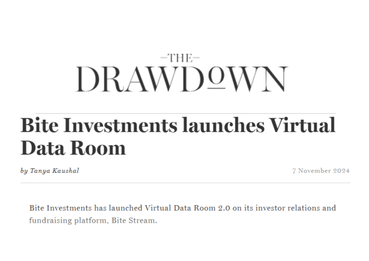 Image showing media coverage of Bite Investments' VDR launch in The Drawdown publication. The header of the article says "Bite Investments launches Virtual Data Room" and the first line reads "Bite Investments has launched Virtual Data Room 2.0. on its investor relations and fundraising platform, Bite Stream.