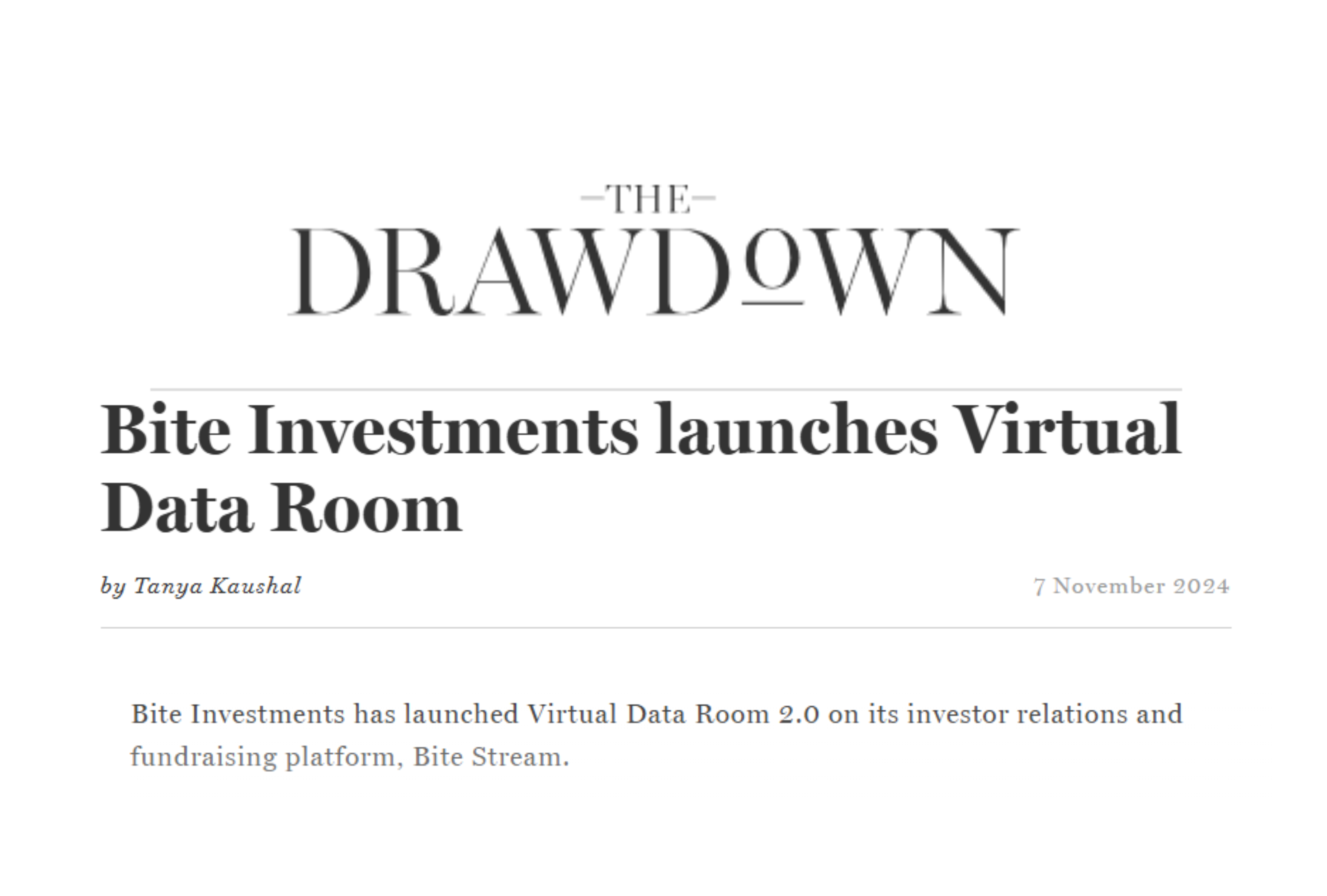 Image showing media coverage of Bite Investments' VDR launch in The Drawdown publication. The header of the article says "Bite Investments launches Virtual Data Room" and the first line reads "Bite Investments has launched Virtual Data Room 2.0. on its investor relations and fundraising platform, Bite Stream.