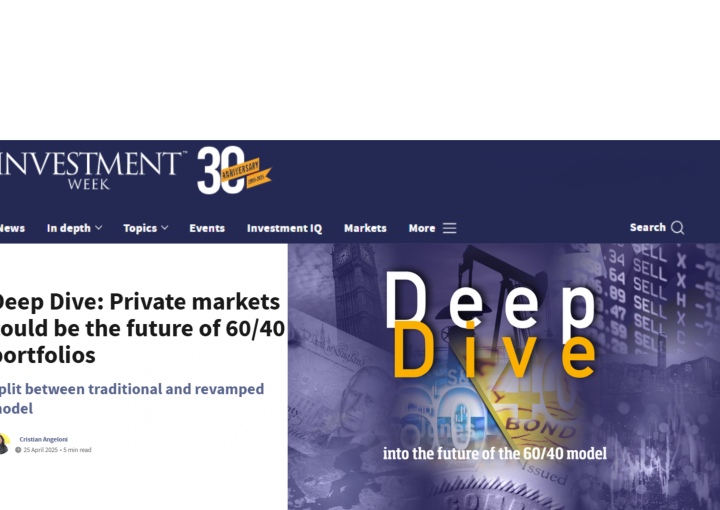 Bite Investments' asset management arm (Bite Asset Management" features in Investment Week's "Deep Dive: Private markets could be the future of 60/40 portfolios" feature. Showing the header and the article photo, the subheader says "Split between traditional and revamped model". Written by Cristian Angeloni